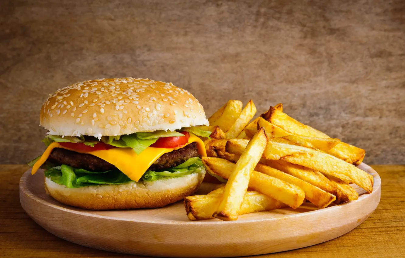 Photo wallpaper cheese, hamburger, Patty, salad, French fries
