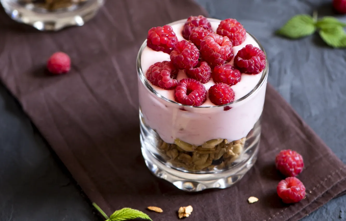 Photo wallpaper berries, raspberry, muesli, yogurt