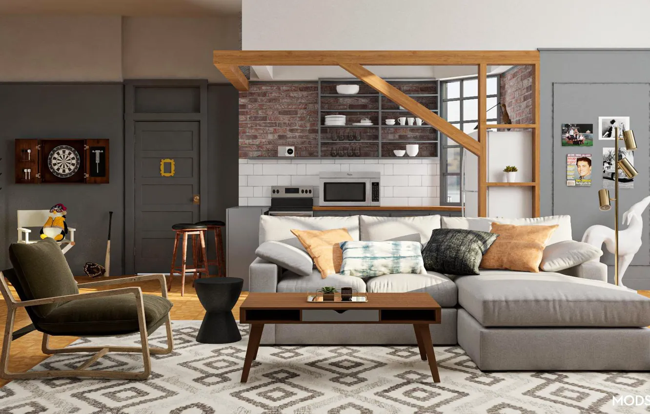 Photo wallpaper design, style, interior, kitchen, living room, living space, entrance hall, Bachelor's Apartment