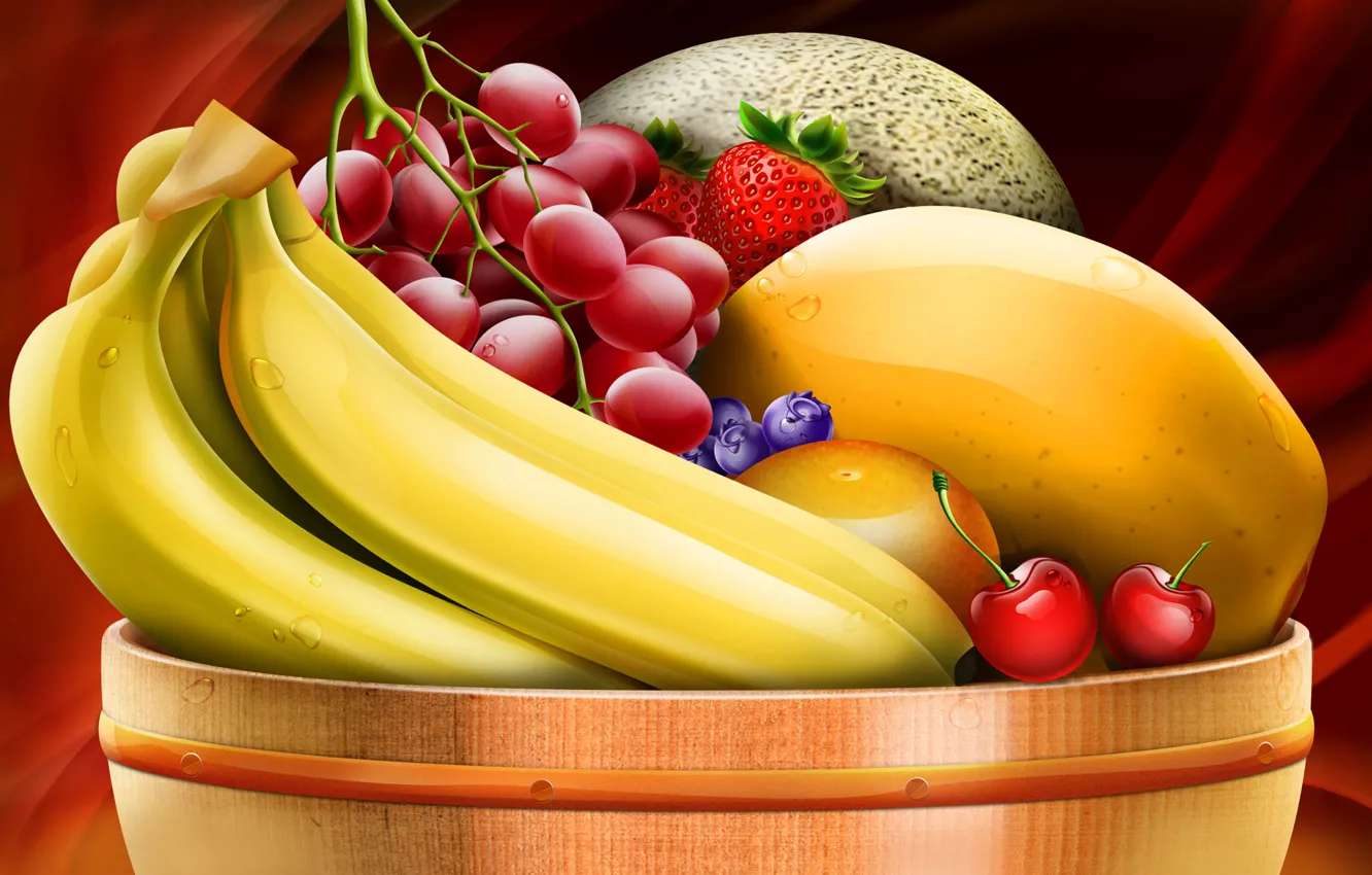 Photo wallpaper grapes, bananas, a bowl of fruit