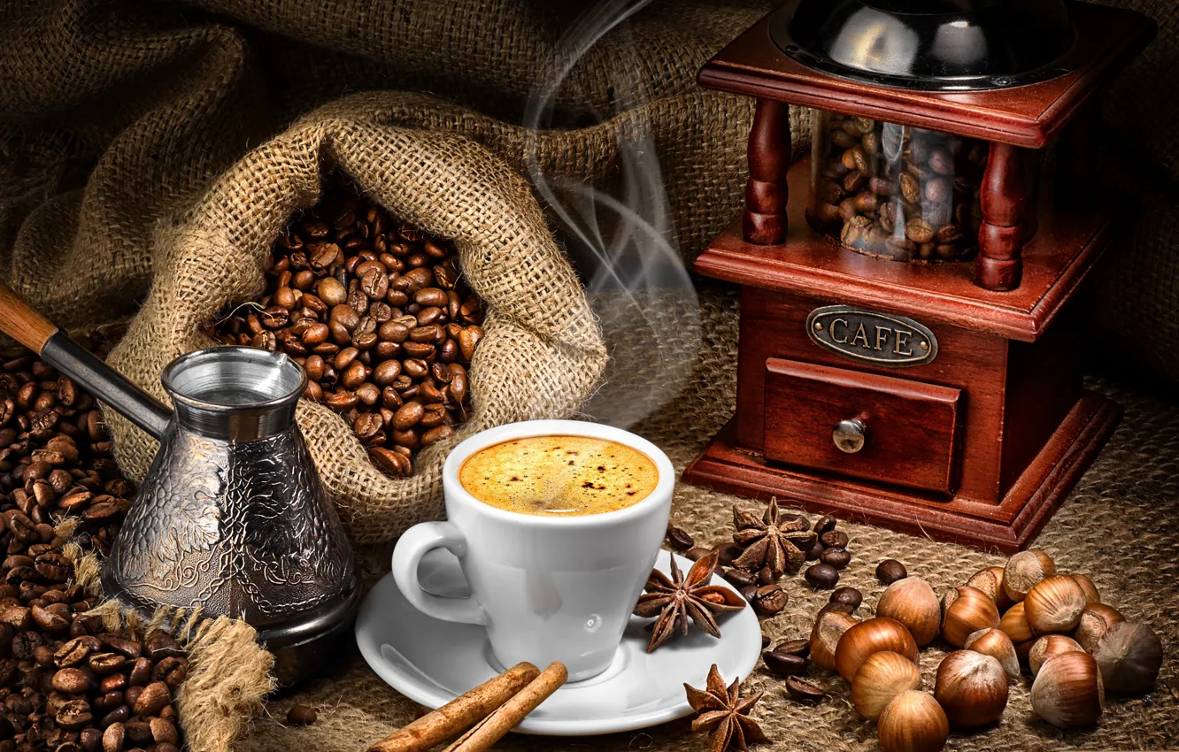 Photo wallpaper coffee, food, grain, Cup, still life, cinnamon, Turk, coffee grinder