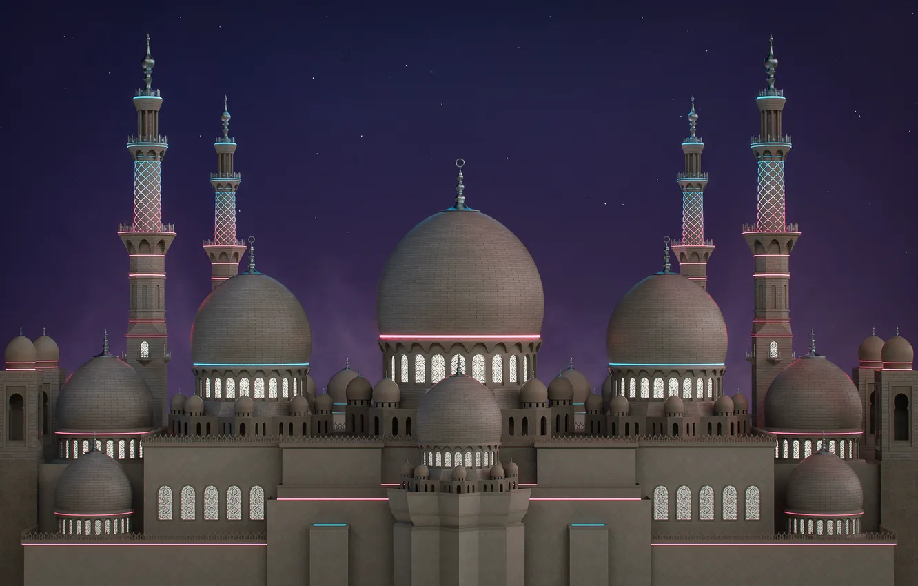 Photo wallpaper cinema 4d, abstract, tower, smoke, night, stars, dust, Neon