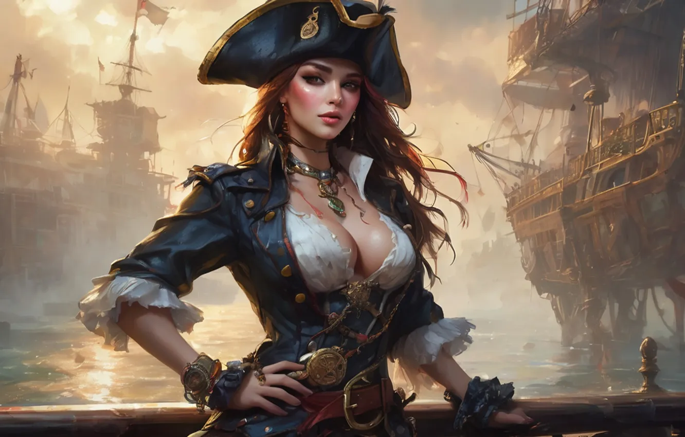 Photo wallpaper girl, fantasy, cleavage, pirate, hat, breast, brunette, ship