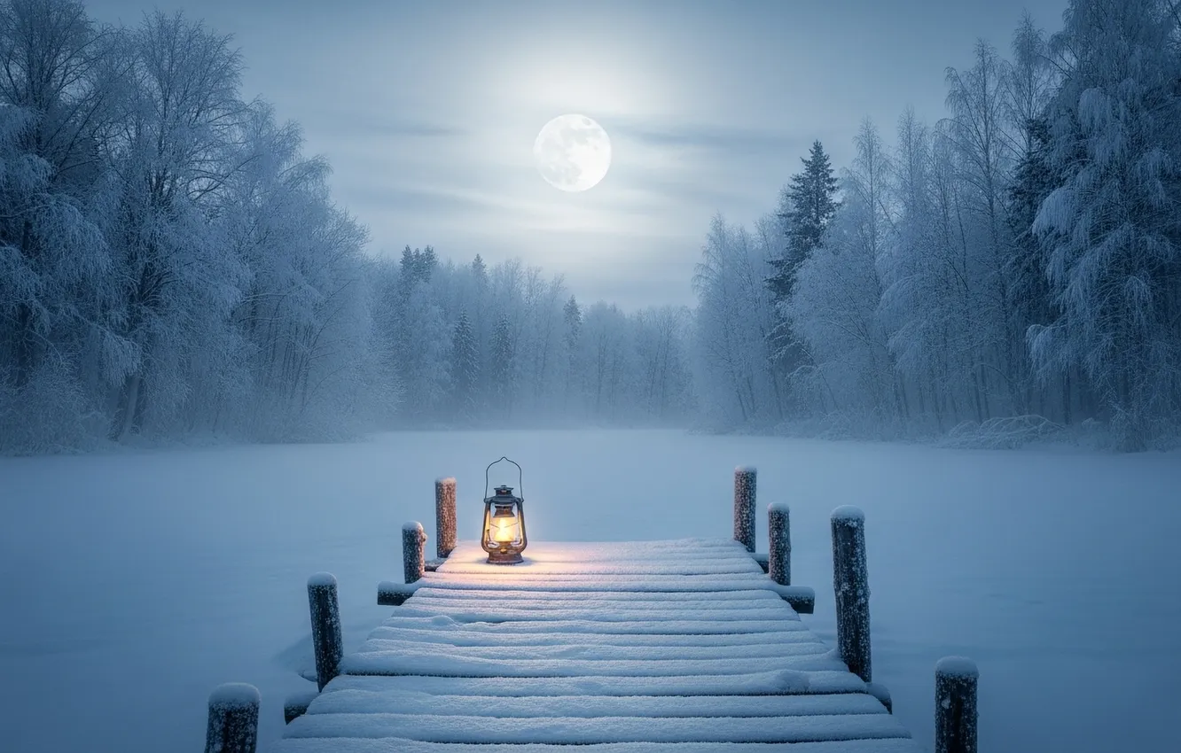 Photo wallpaper winter, lake, lamp, pier, art
