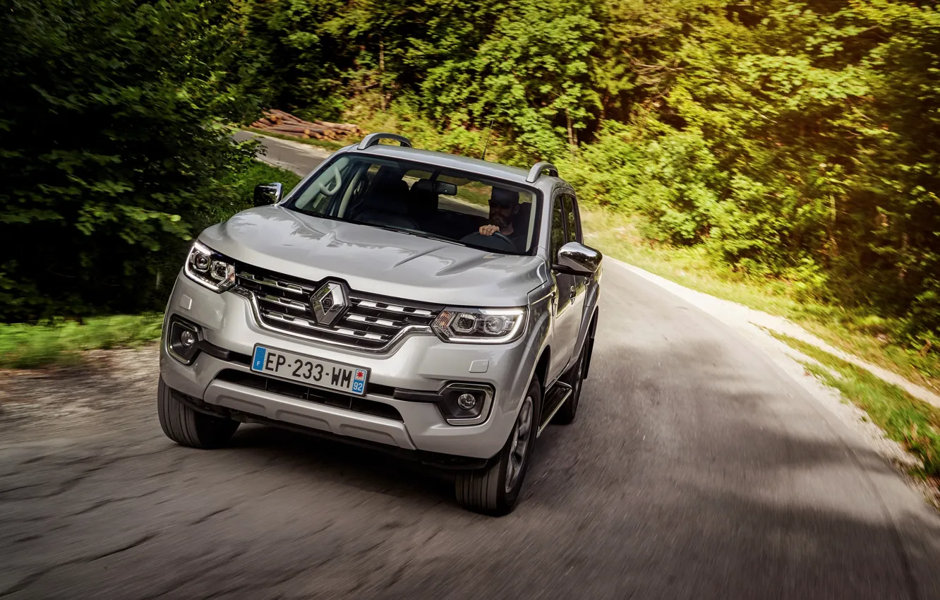 Photo wallpaper forest, turn, Renault, pickup, 4x4, 2017, Alaskan, gray-silver