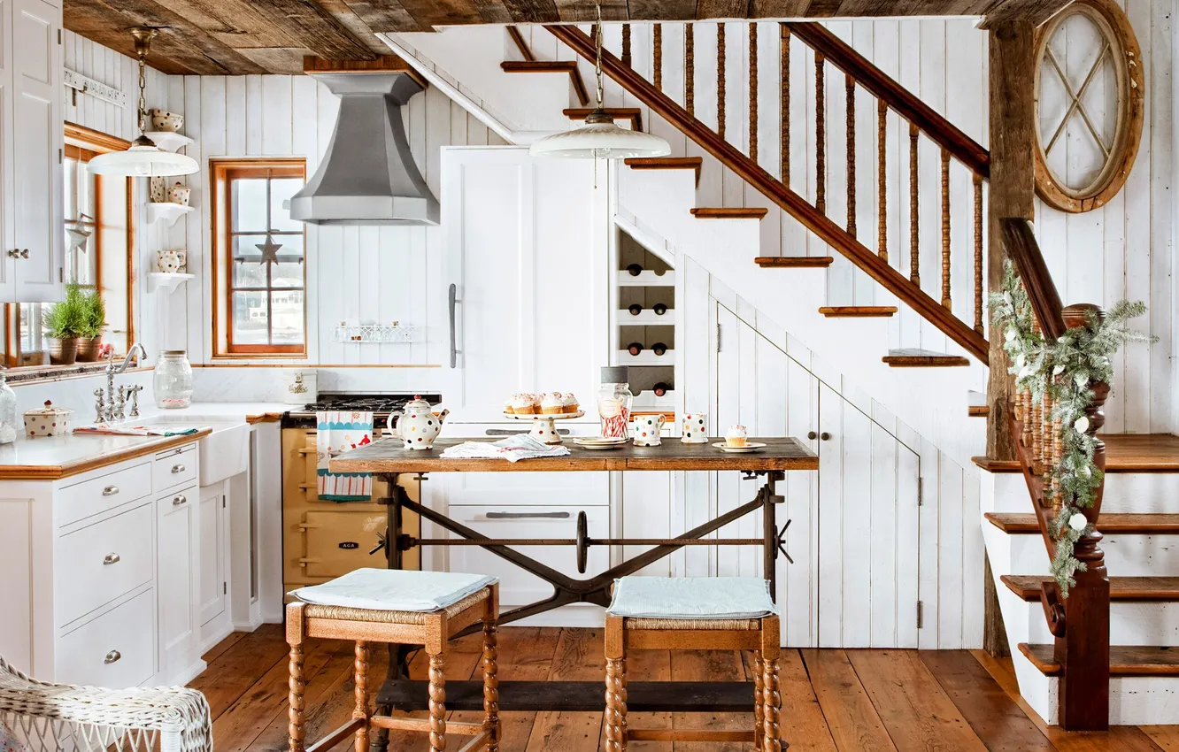 Photo wallpaper design, style, interior, ladder, dining room, duplex apartment, townhouse, small kitchen