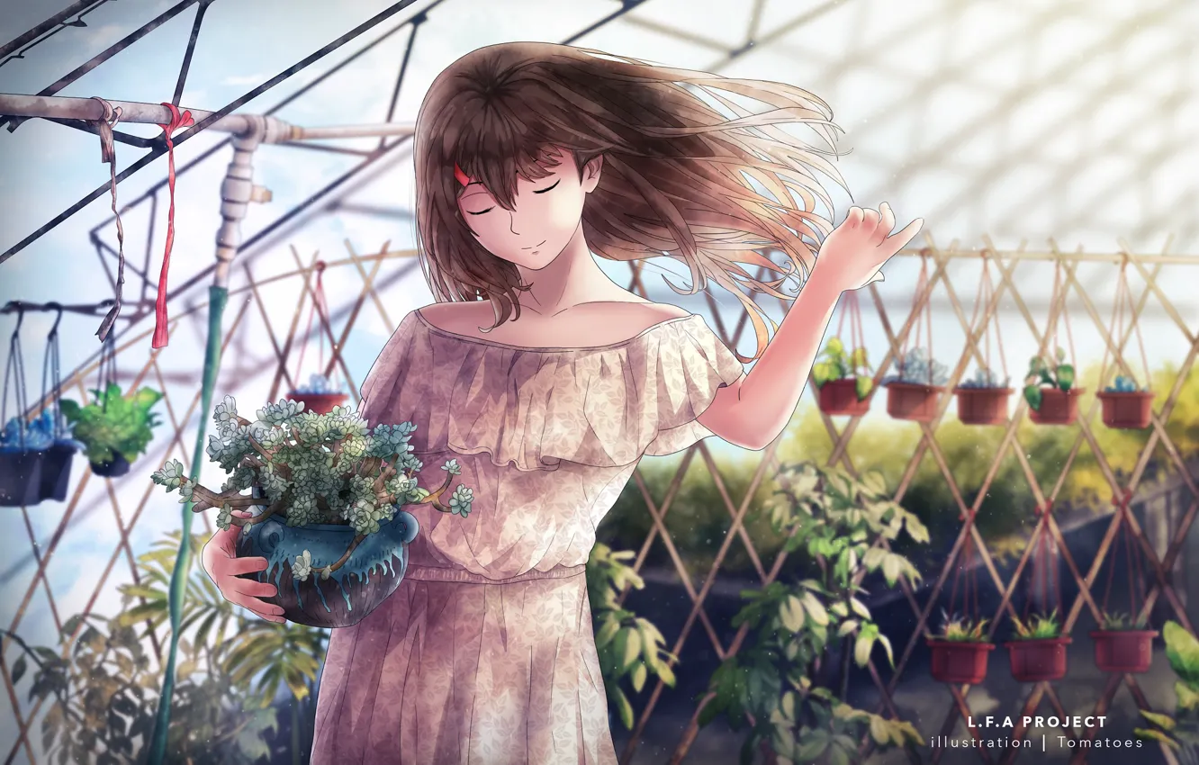 Photo wallpaper girl, greenhouse, anime