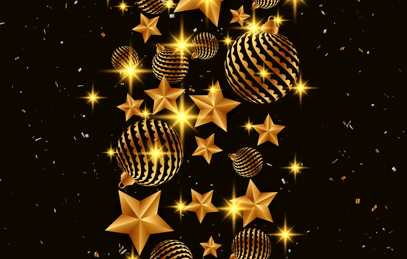 Photo wallpaper stars, decoration, gold, Christmas, New year, golden, christmas, black background