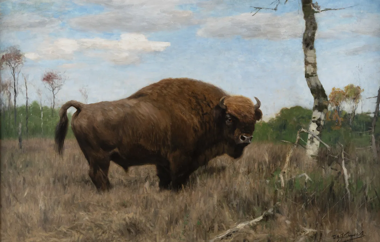 Photo wallpaper Grass, Trees, Picture, Buffalo, Friedrich Wilhelm Kunert, Friedrich Wilhelm Kuhnert, Wilhelm Kunert, Wilhelm Kuhnert