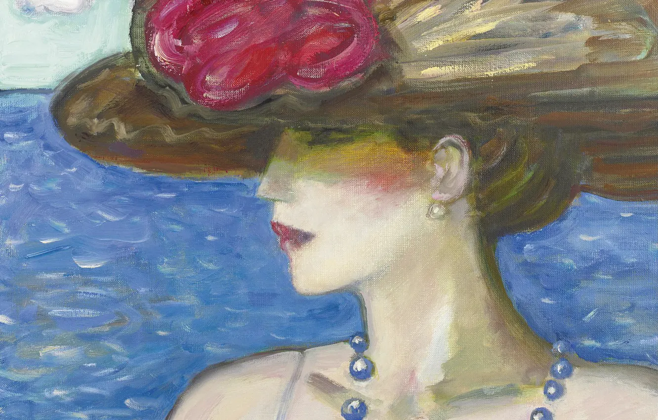 Photo wallpaper sea, 2006, hat, beads, Pamela, Modern French painting, Jean-Pierre Cassigneul