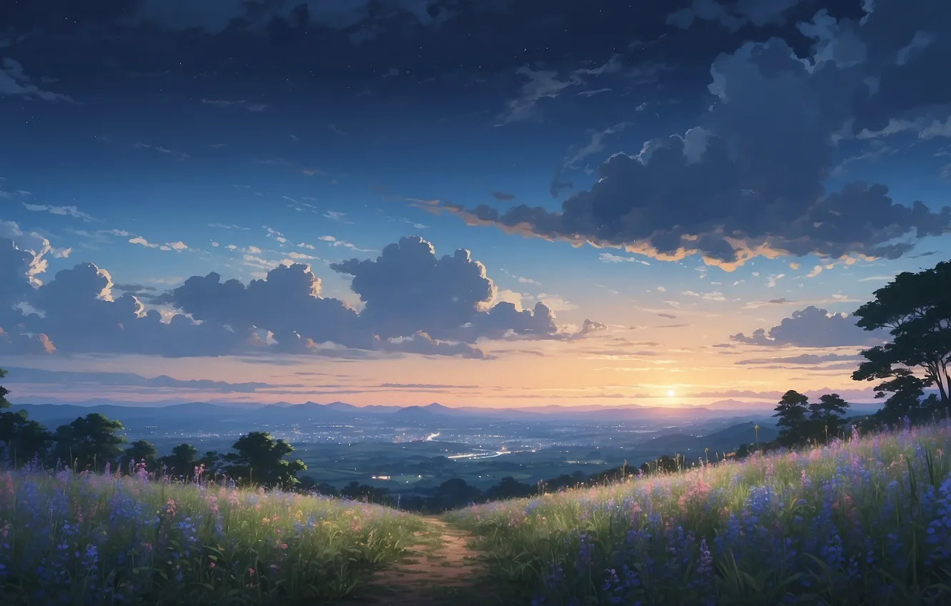 Photo wallpaper city, sky, trees, landscape, sunset, anime, night, flowers