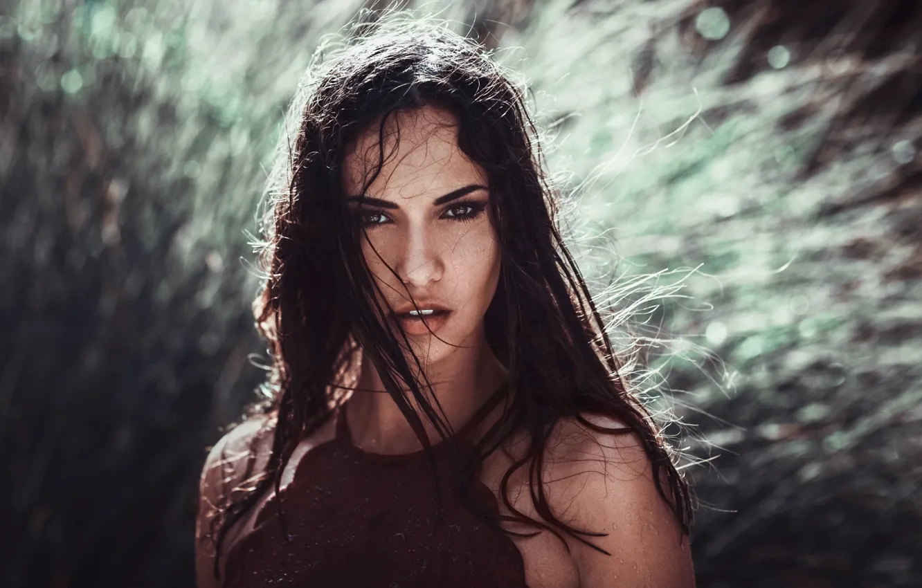 Photo wallpaper look, the sun, background, model, portrait, wet, makeup, brunette