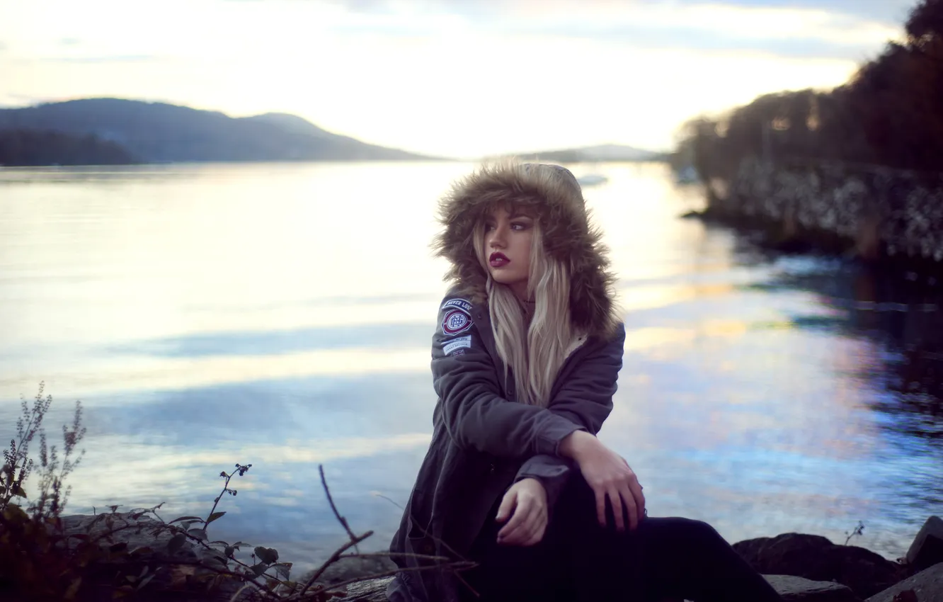 Photo wallpaper girl, river, nature, woman, water, model, bokeh, coat