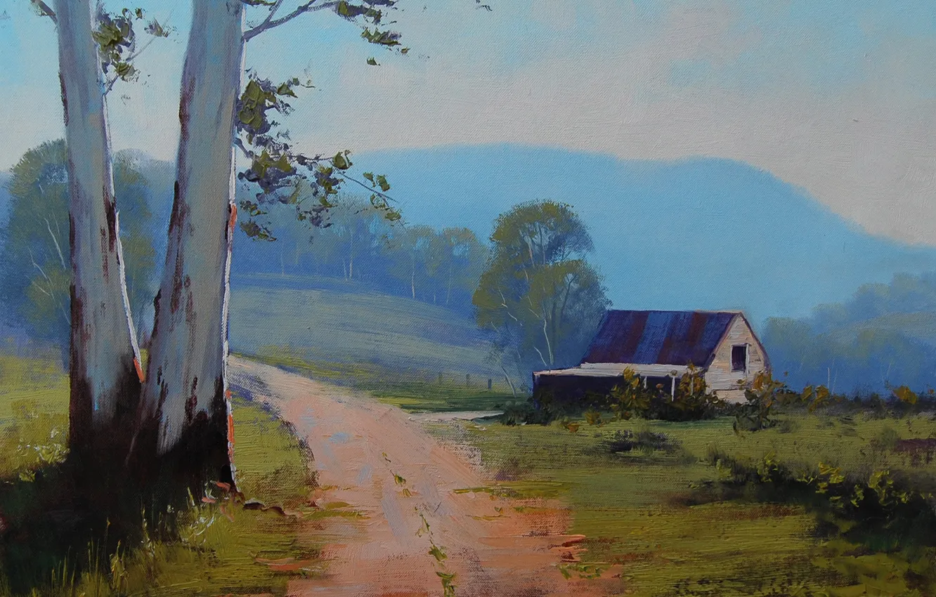 Photo wallpaper road, trees, landscape, home, art, buildings, farm, ARTSAUS