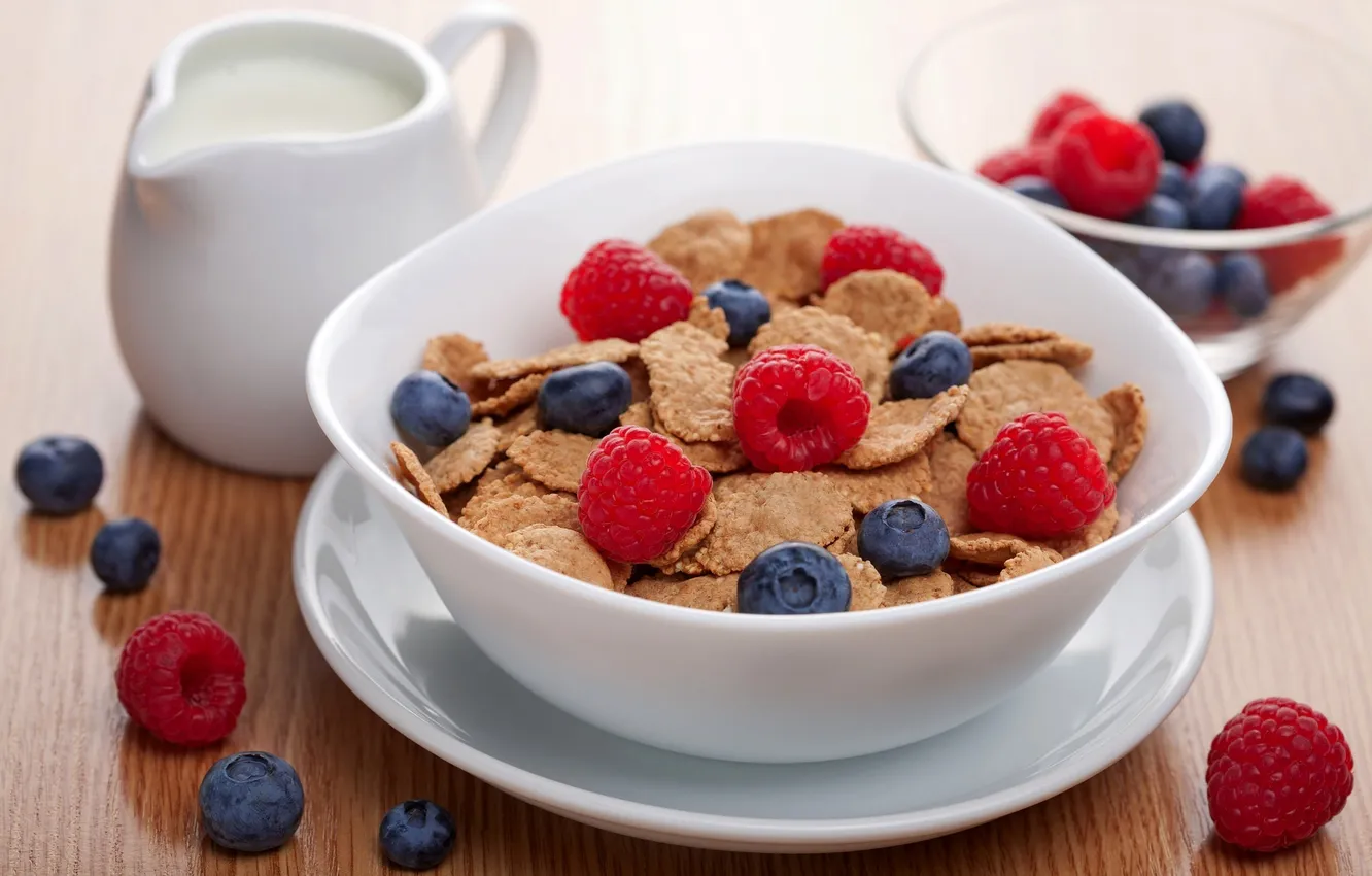 Photo wallpaper raspberry, Breakfast, milk, blueberries, fruit, fruit, corn flakes, breakfast
