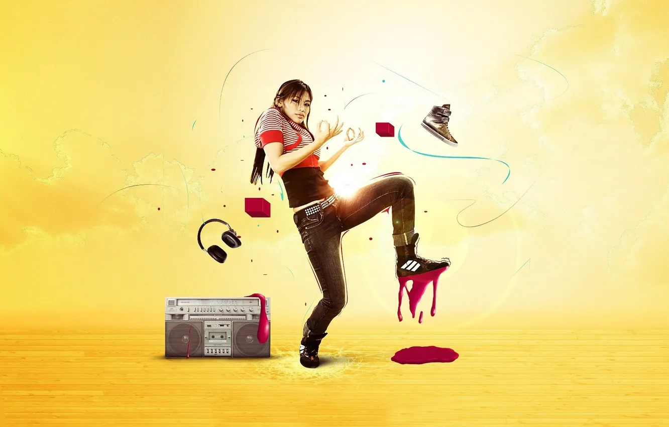 Photo wallpaper Girl, headphones, shoes, radio, dancing