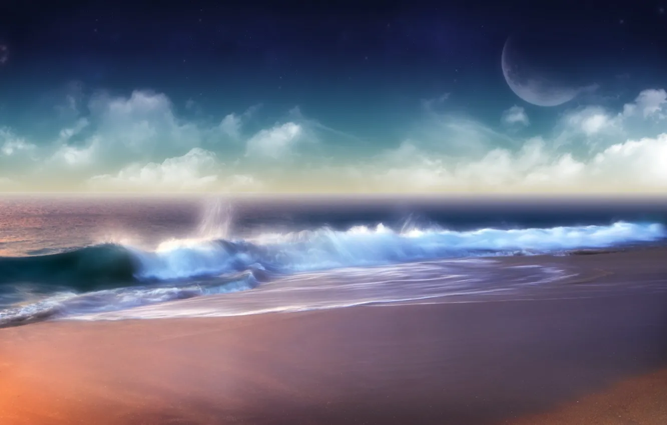 Photo wallpaper wave, clouds, shore