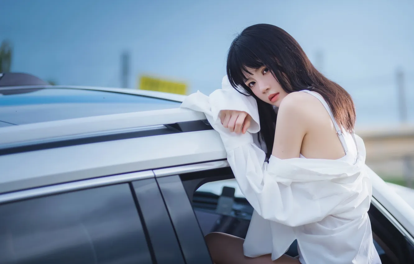 Photo wallpaper car, sky, woman, beautiful, evening, model, pretty, dusk