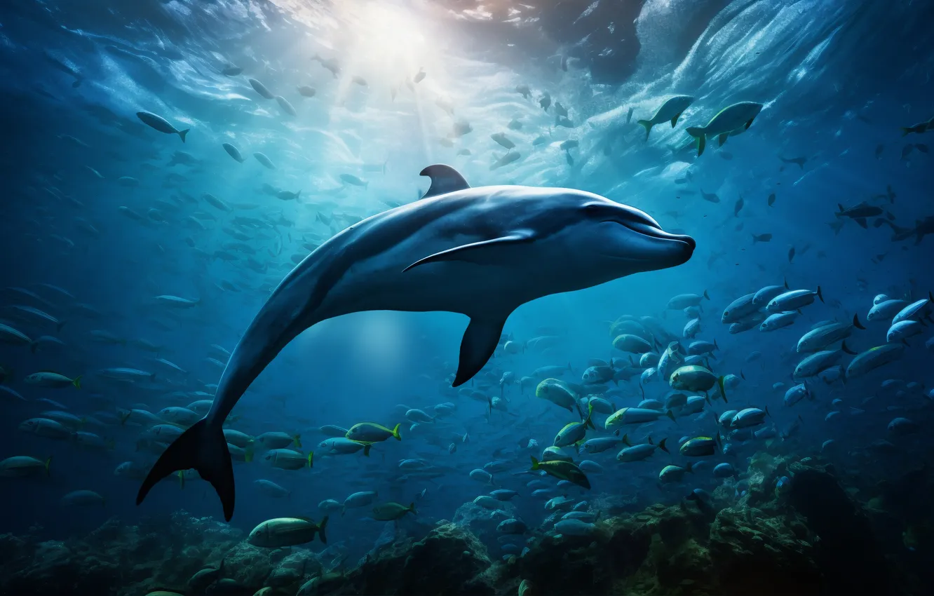 Photo wallpaper fish, dolphins, underwater world, digital art, AI art, The Art of Artificial Intelligence, neural network