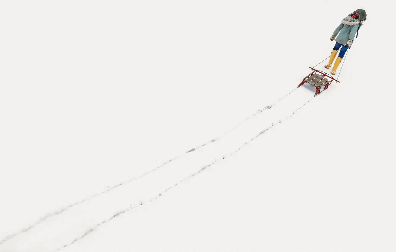 Photo wallpaper winter, snow, girl, sled