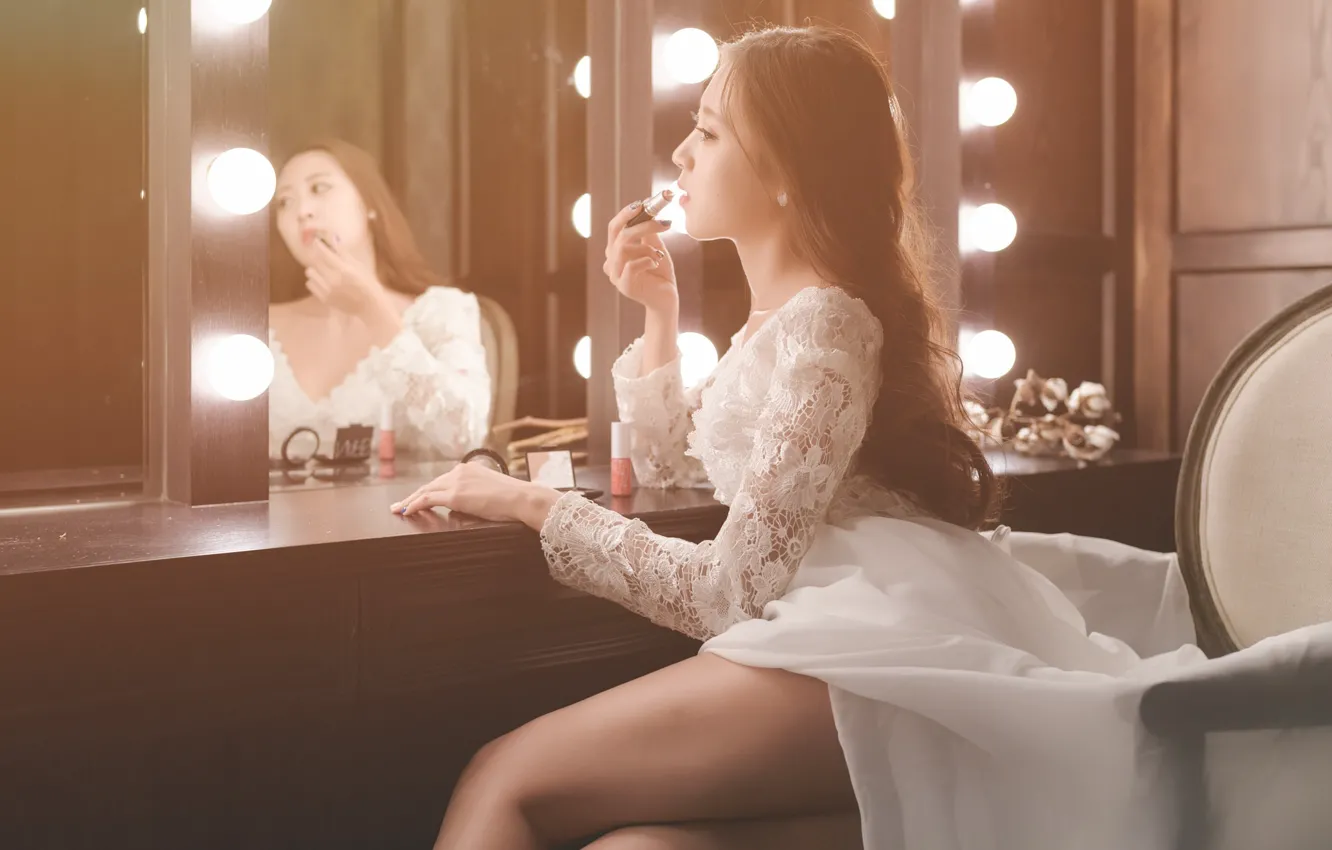 Photo wallpaper girl, dress, mirror, lipstick, legs, Asian, cutie