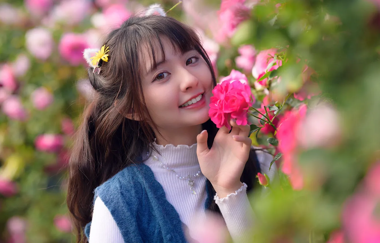 Photo wallpaper look, girl, flowers, pose, model, portrait, hands, makeup