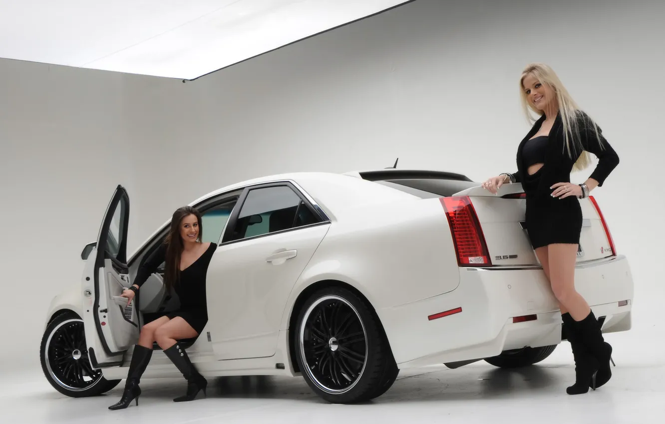 Photo wallpaper Girls, blonde and brunette, two beautiful girls, cadillac cts 2008, brunette in the cabin, near …