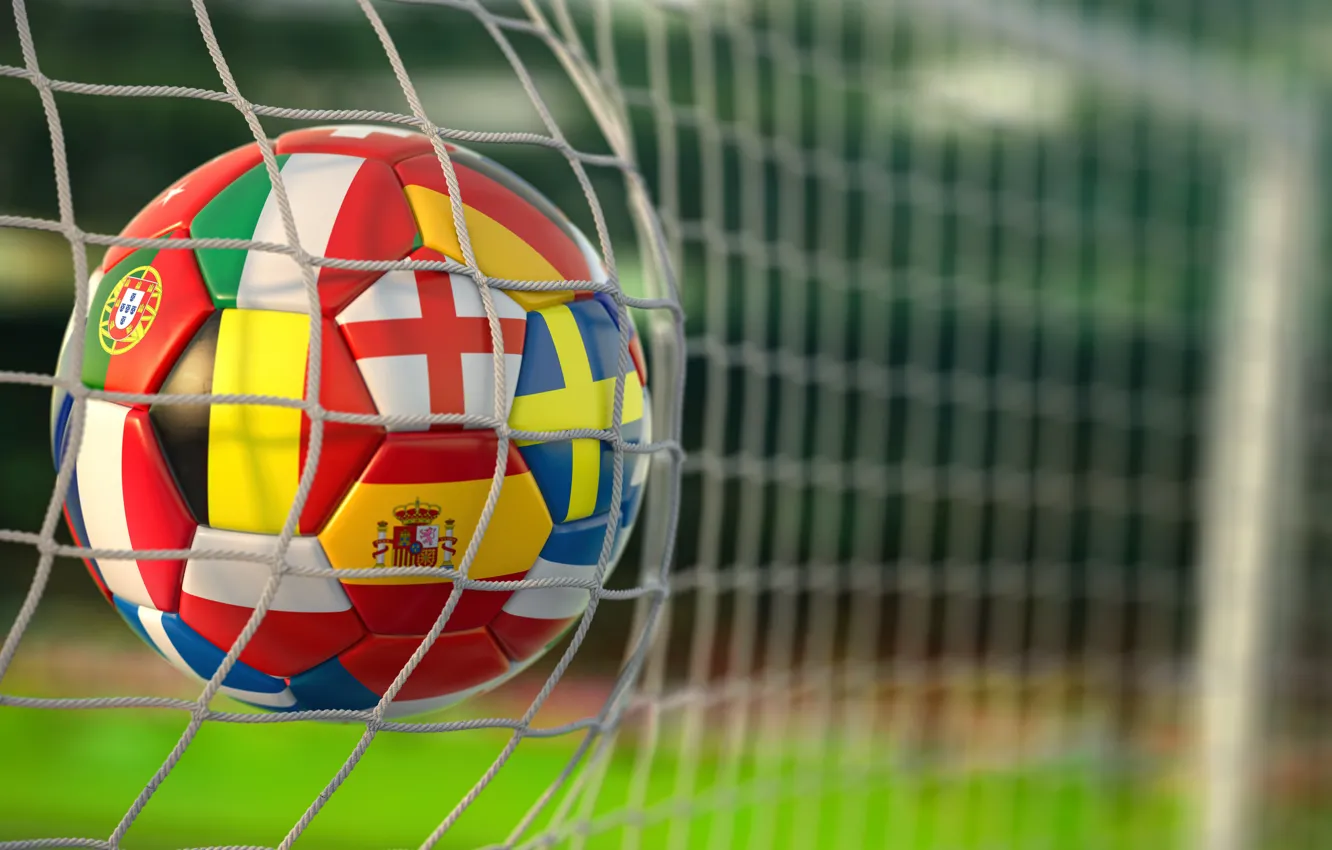 Photo wallpaper Football ball with flags of european countries, 3d illustration, In the goal net of a …
