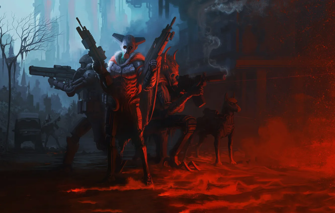 Photo wallpaper weapons, fiction, dog, mask, machine, fighter, fantasy, weapon
