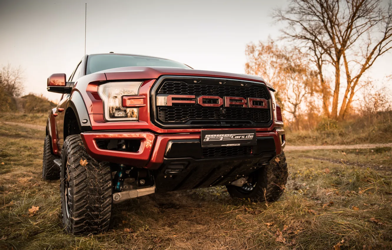 Photo wallpaper Ford, Red, Raptor, Front, Face, Geiger, Ford F-150, HP520