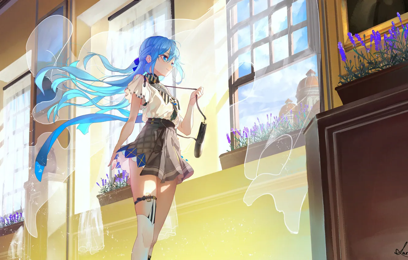 Photo wallpaper the wind, tie, handbag, schoolgirl, blue hair, sunlight, window, tulle