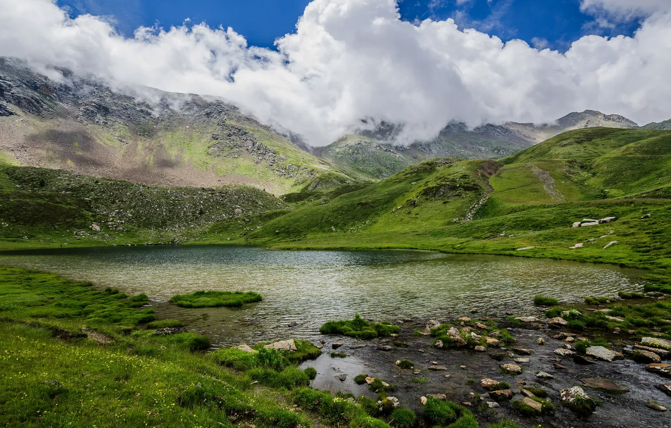 Photo wallpaper mountains, stones, shore, pond