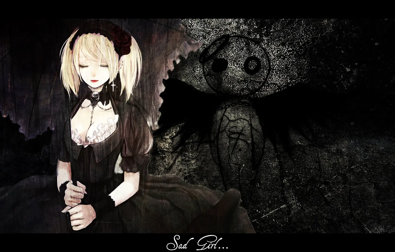 Photo wallpaper wall, skull, angel, chain, symbol, closed eyes, sad girl, black wings