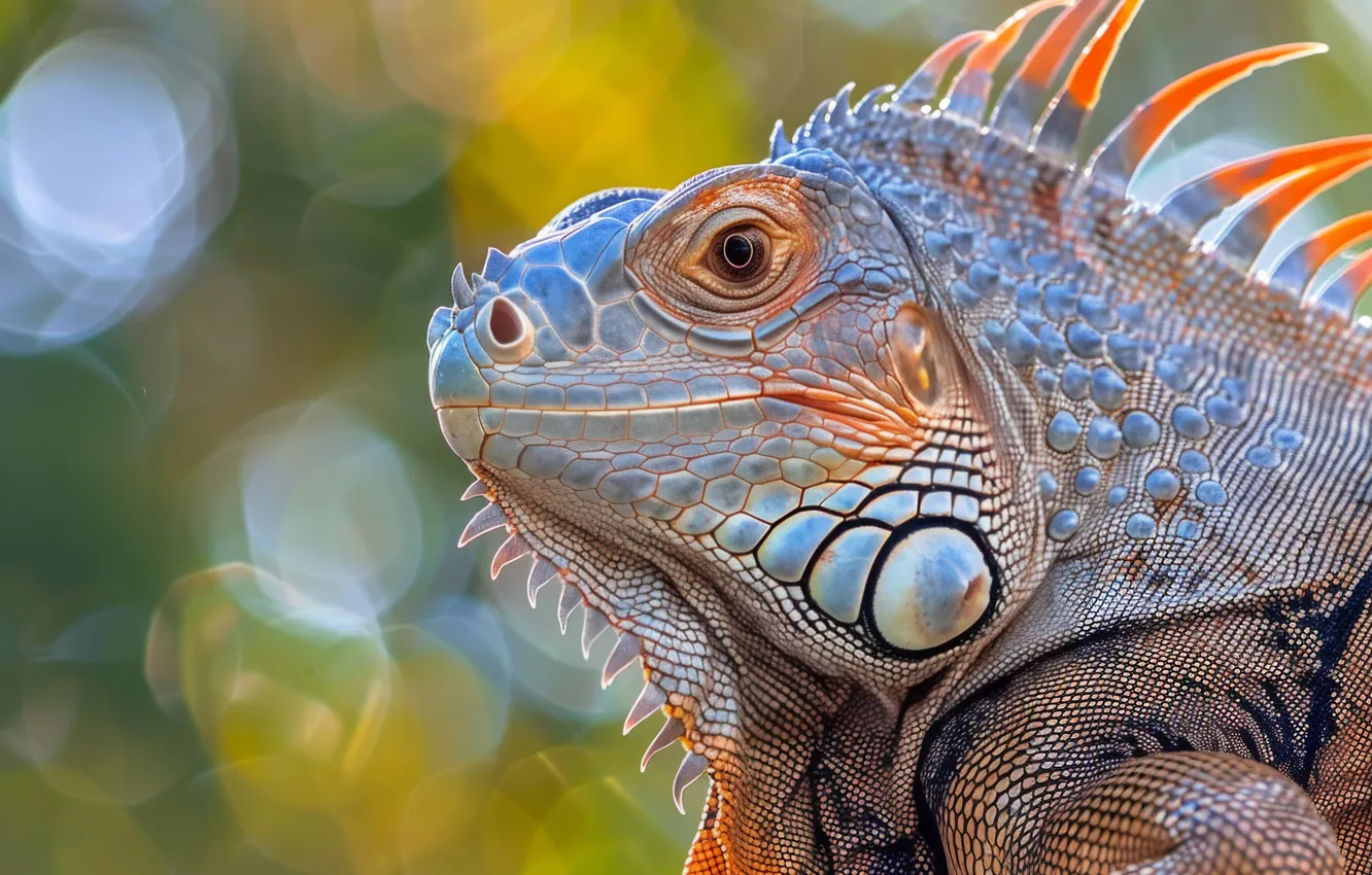 Photo wallpaper look, face, portrait, iguana, bokeh, AI art, neural network