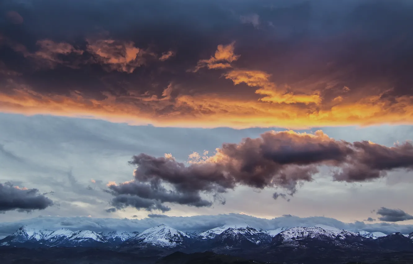 Photo wallpaper the sky, clouds, snow, landscape, mountains, tops, the evening, Italy