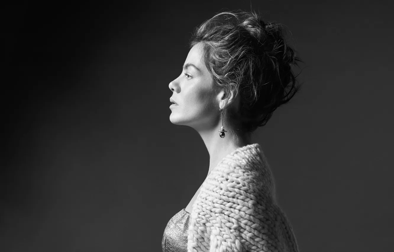 Photo wallpaper background, portrait, makeup, actress, hairstyle, profile, black and white, Michelle Monaghan