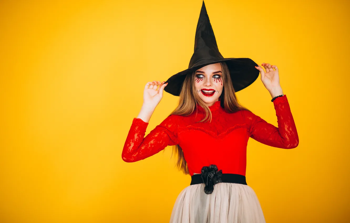 Photo wallpaper autumn, girl, the dark background, holiday, makeup, pumpkin, Halloween, witch