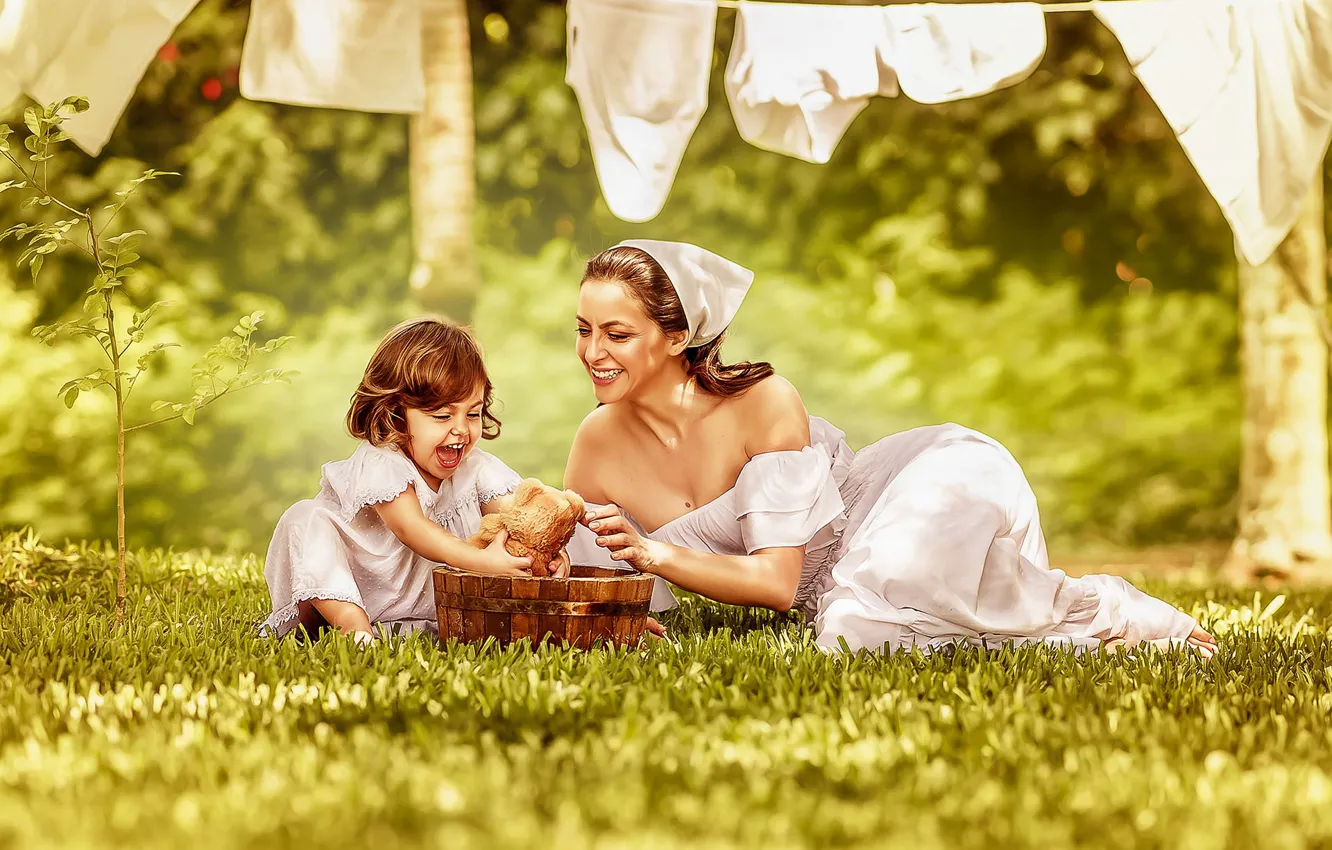 Photo wallpaper grass, joy, nature, children, woman, toy, linen, girl