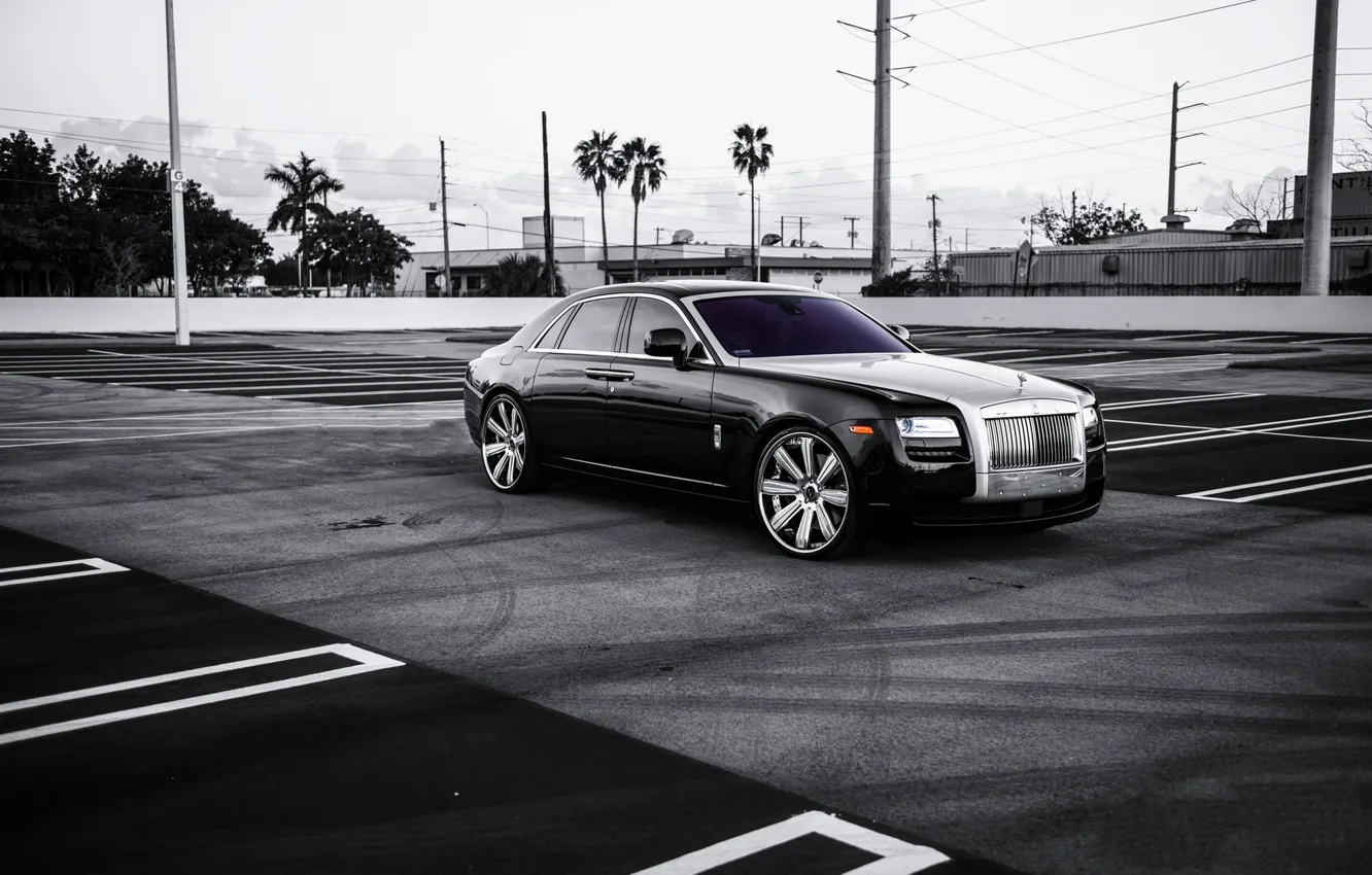 Photo wallpaper black, lights, Rolls Royce, Ghost, drives, black, rolls Royce