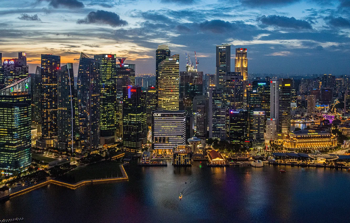 Photo wallpaper building, home, panorama, Bay, Singapore, night city, skyscrapers, Singapore