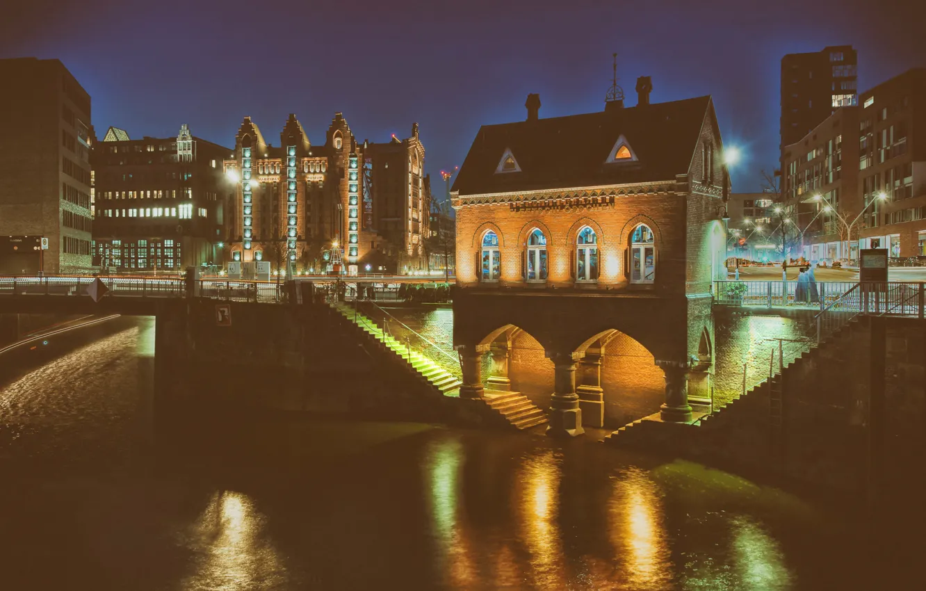 Photo wallpaper lights, Germany, night, architecture, Hamburg, outdoor, long exposure, Fleet castle