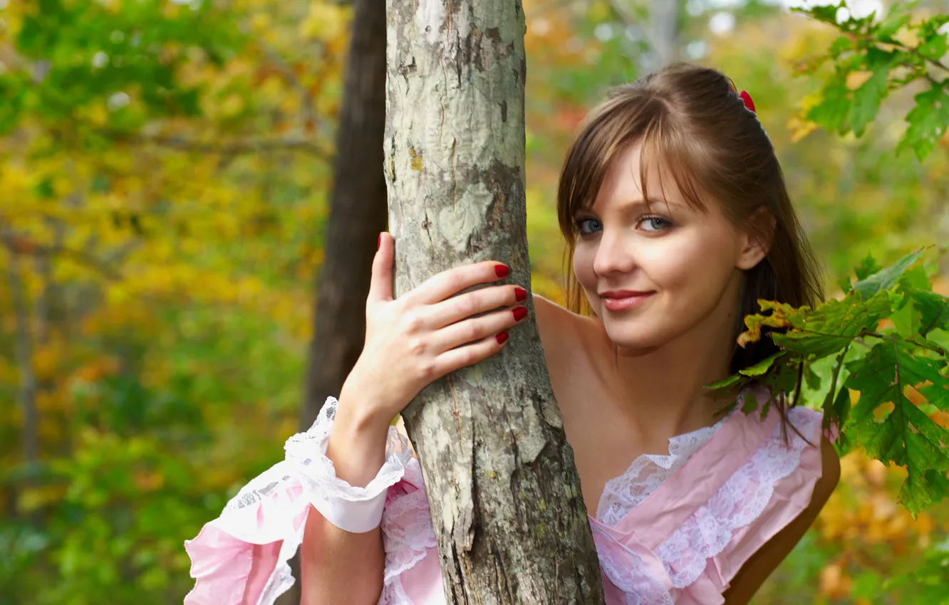 Photo wallpaper forest, look, girl, nature, smile, tree, foliage, dress