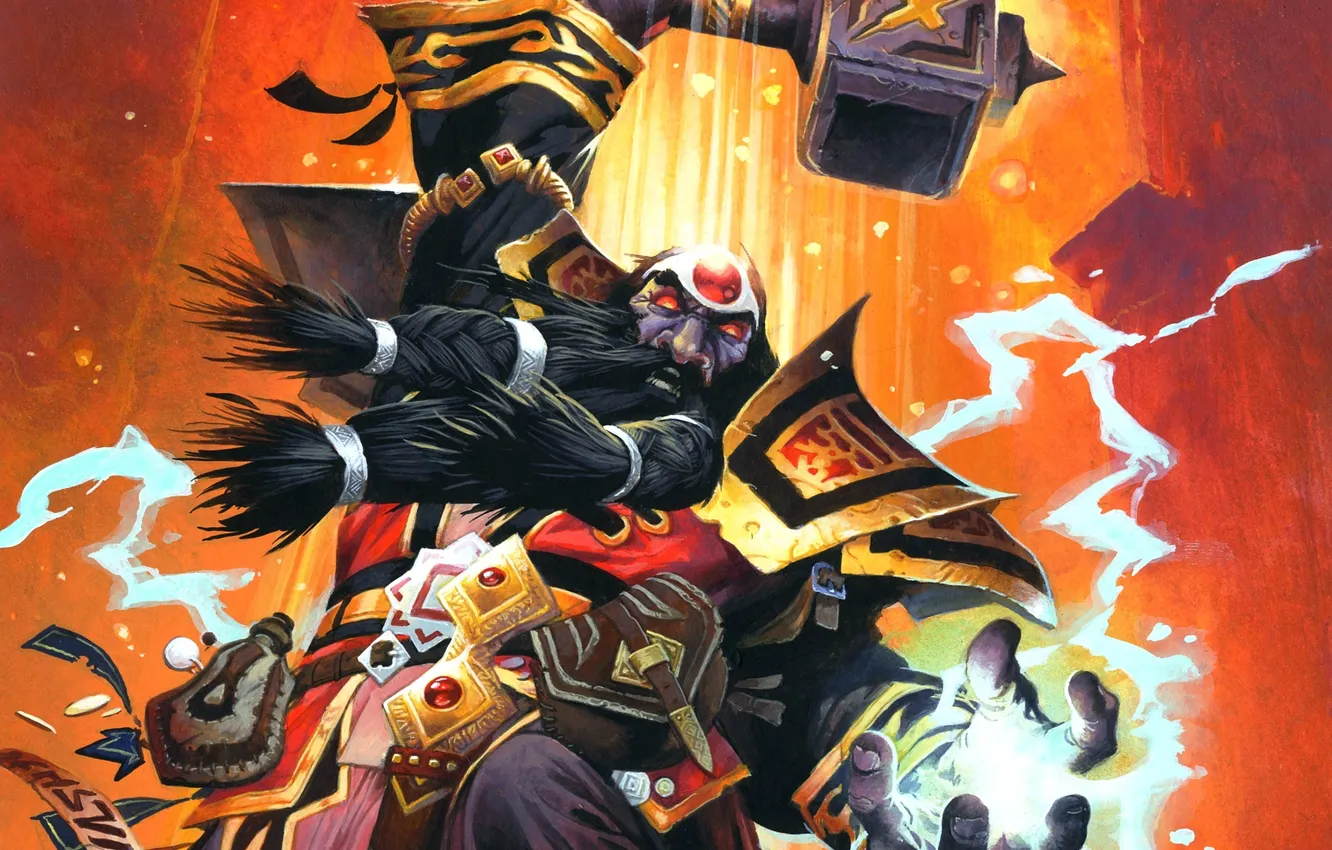 Photo wallpaper lightning, figure, hammer, World of Warcraft, wow, dwarf, Hearthstone, Blackrock Mountain