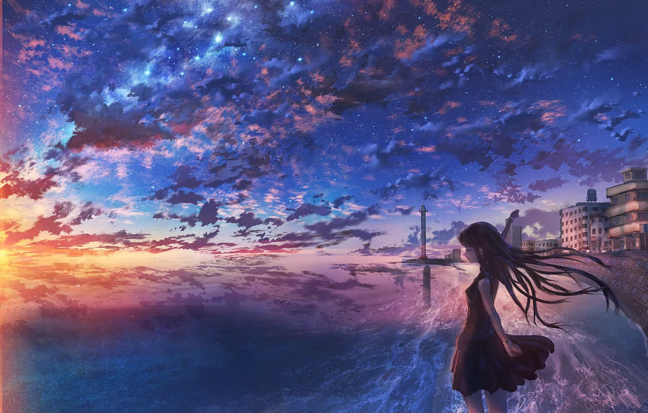 Photo wallpaper the sky, girl, clouds