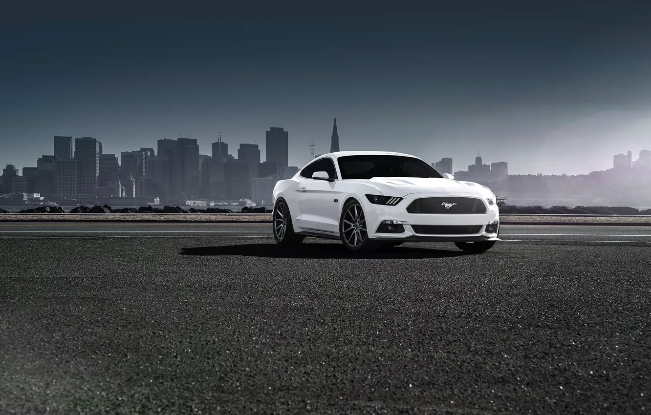 Photo wallpaper Mustang, Ford, Muscle, Car, Front, White, Vossen, Wheels