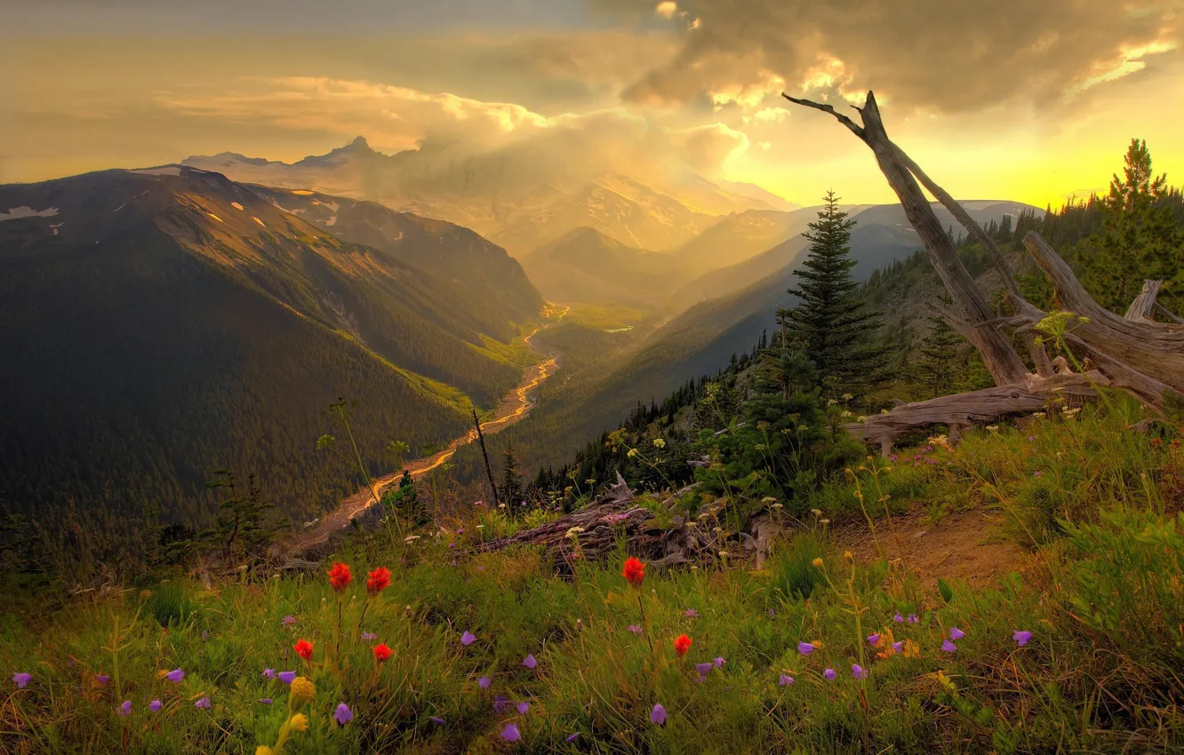 Photo wallpaper grass, clouds, river, Mountains