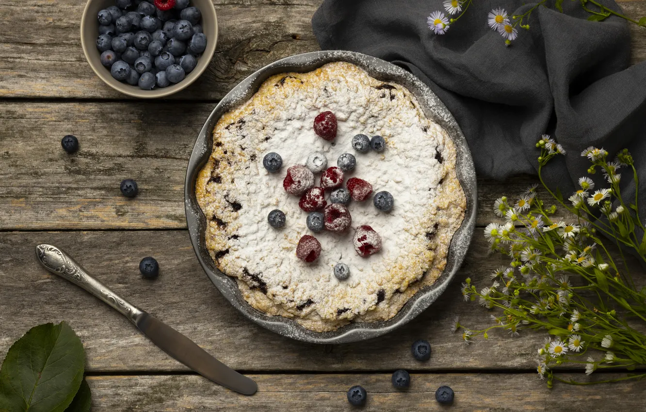 Photo wallpaper flowers, berries, raspberry, table, Board, chamomile, towel, blueberries