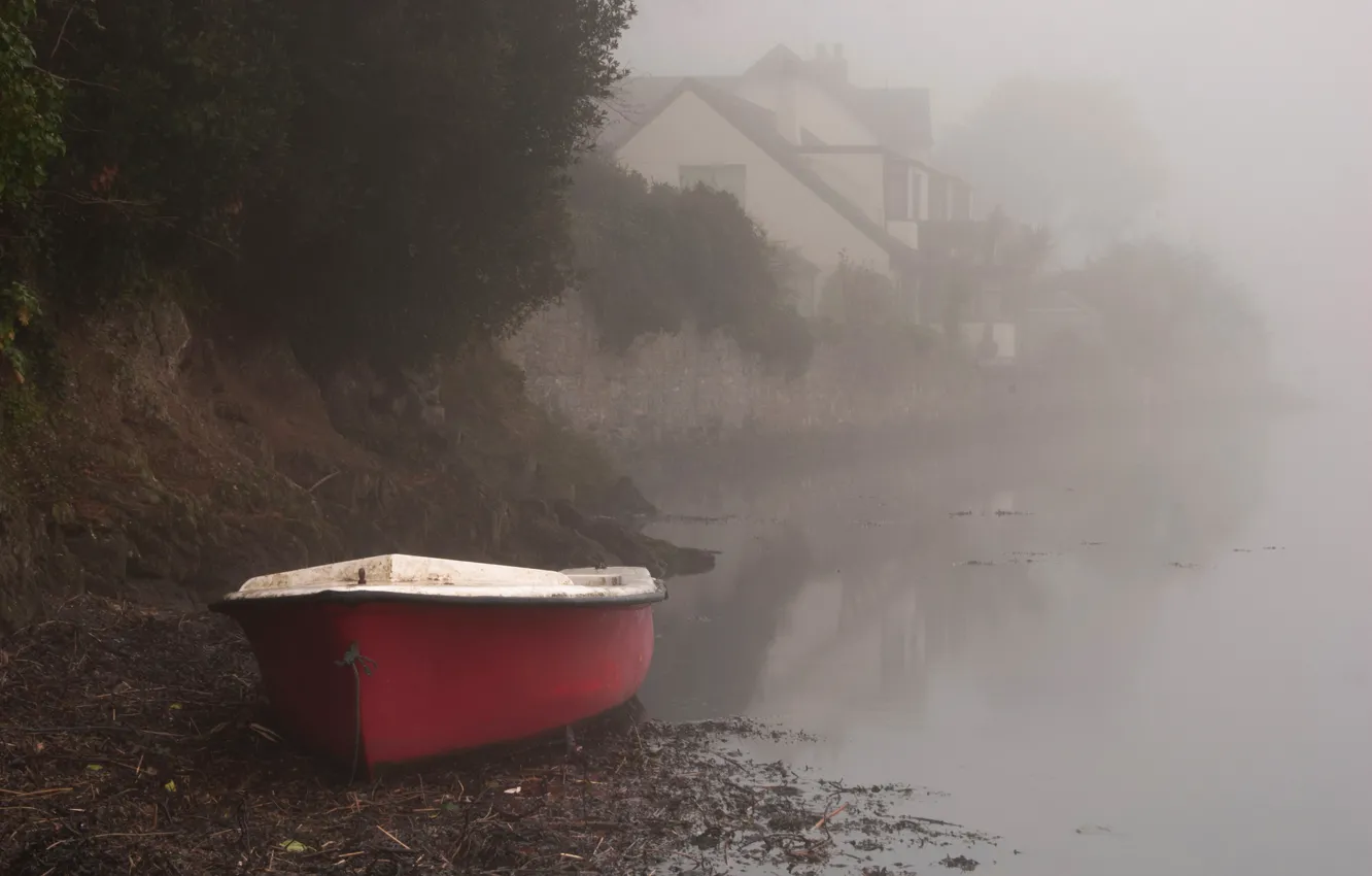 Photo wallpaper fog, river, shore, boat, home, morning