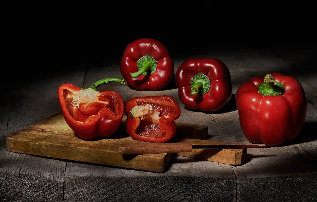 Photo wallpaper red, food, knife, pepper, black background, still life, vegetables, items