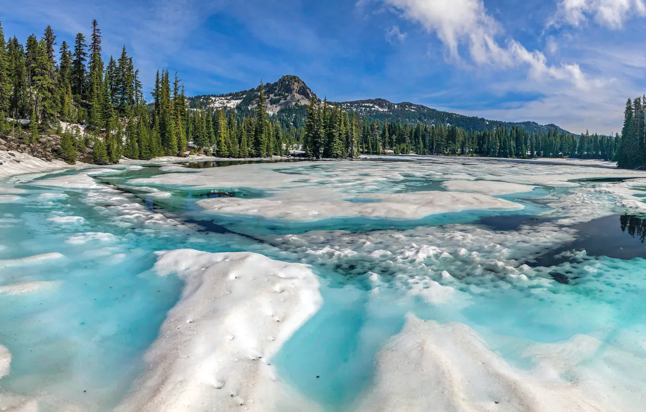 Photo wallpaper ice, winter, forest, snow, mountains, Oregon, panorama, frozen lake